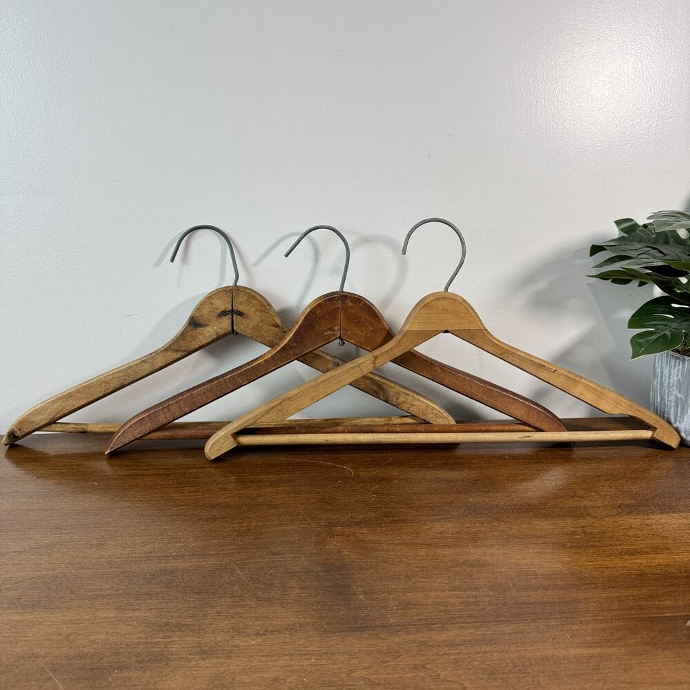 Vintage Wooden Clothes Hangers Lot of 3 Retro Mid-Century Wardrobe Decor
